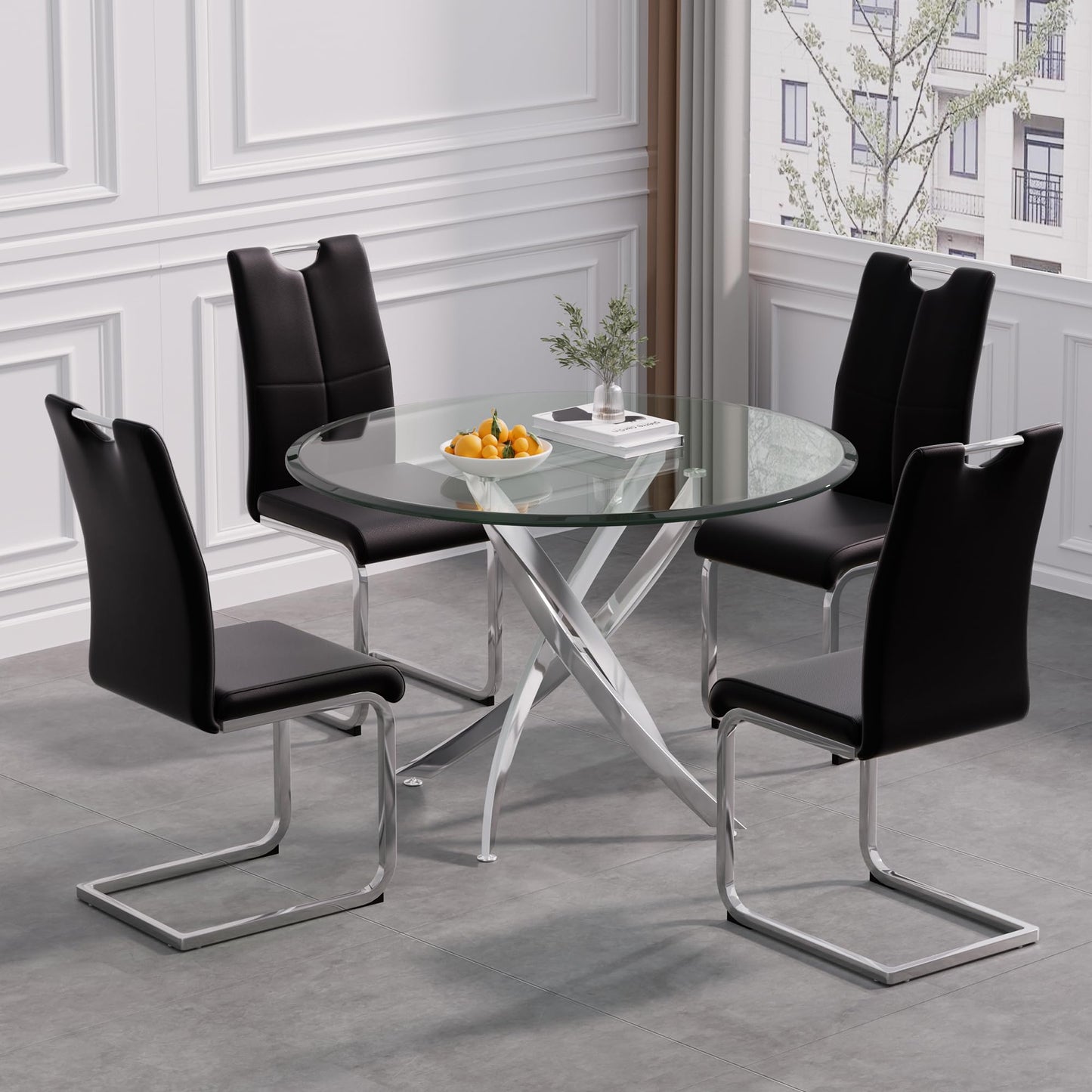 5 Piece Round Glass Dining Table Table Set, Round Glass with 4 PU Dining Chairs