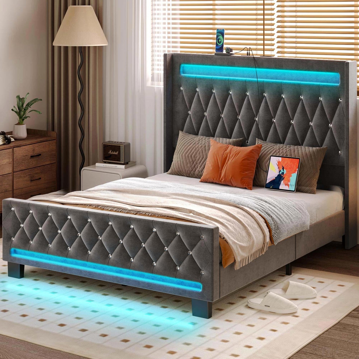 LED Light and Charging Station, Upholstered High Headboard and Footboard