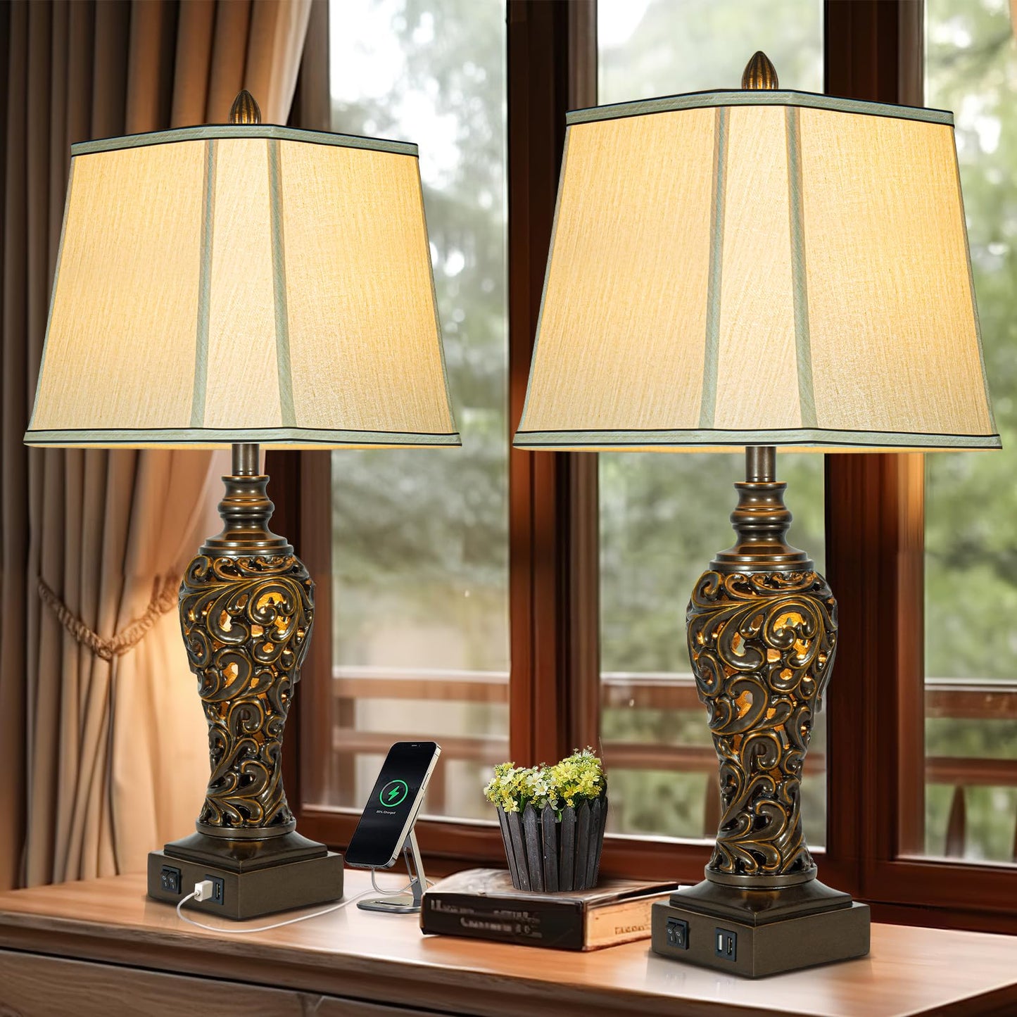 Table Lamps Set of 2 - Fabric Shades with USB and Nightlight