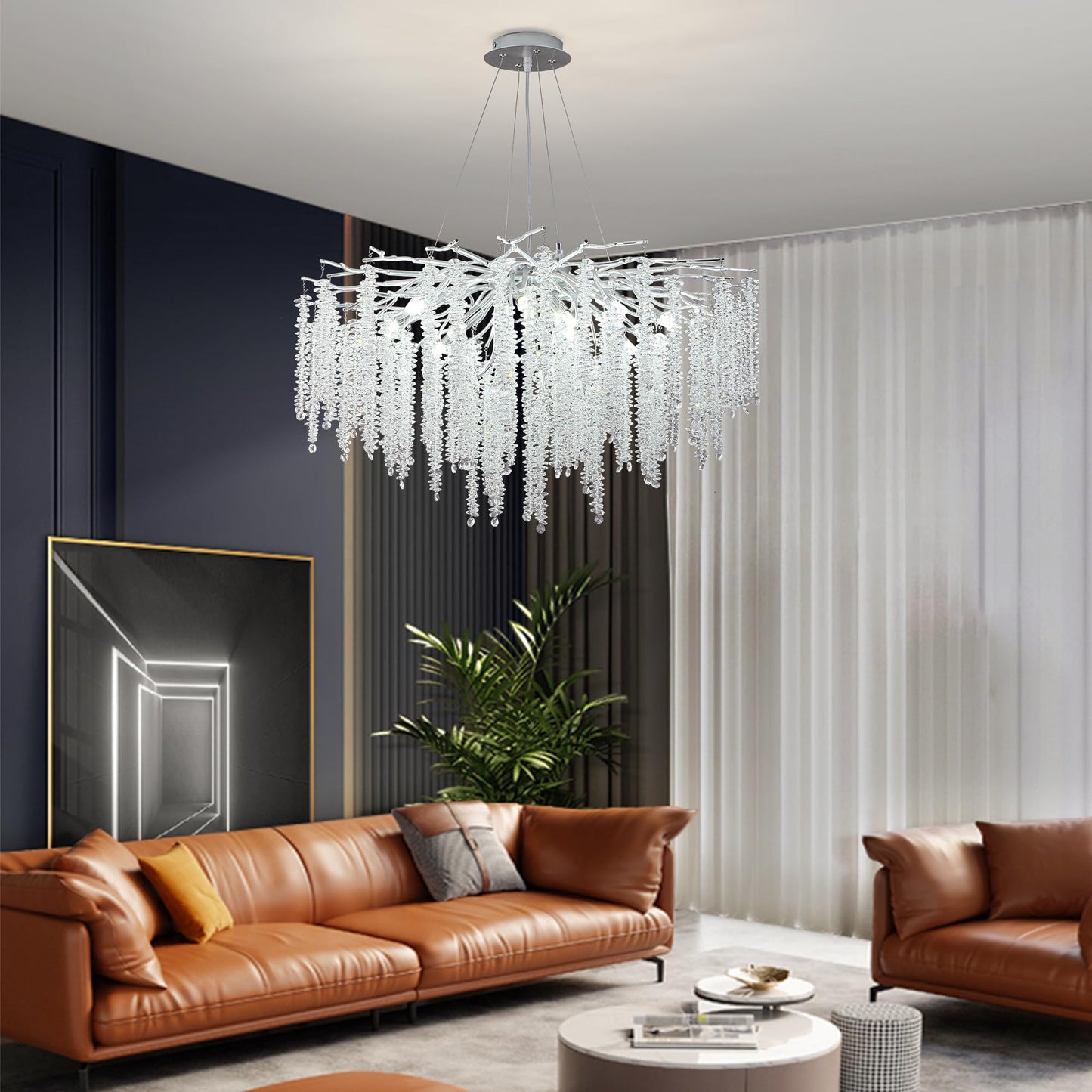 Modern Crystal Tree Branches Chandelier Gold Round Raindrop