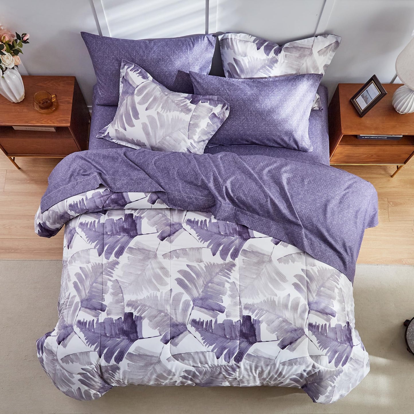 Purple Leaves Bed in a Bag 7 Pieces Floral White Comforter Sheet Set