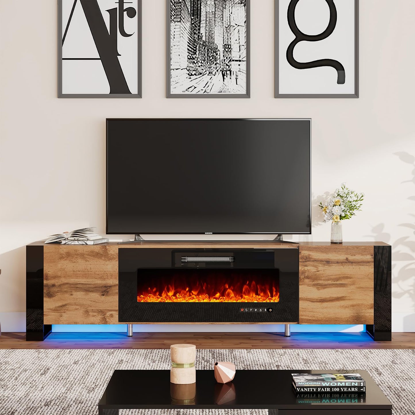 Fireplace TV Stand with 36" Fireplace, 70" Modern High Gloss Entertainment Center