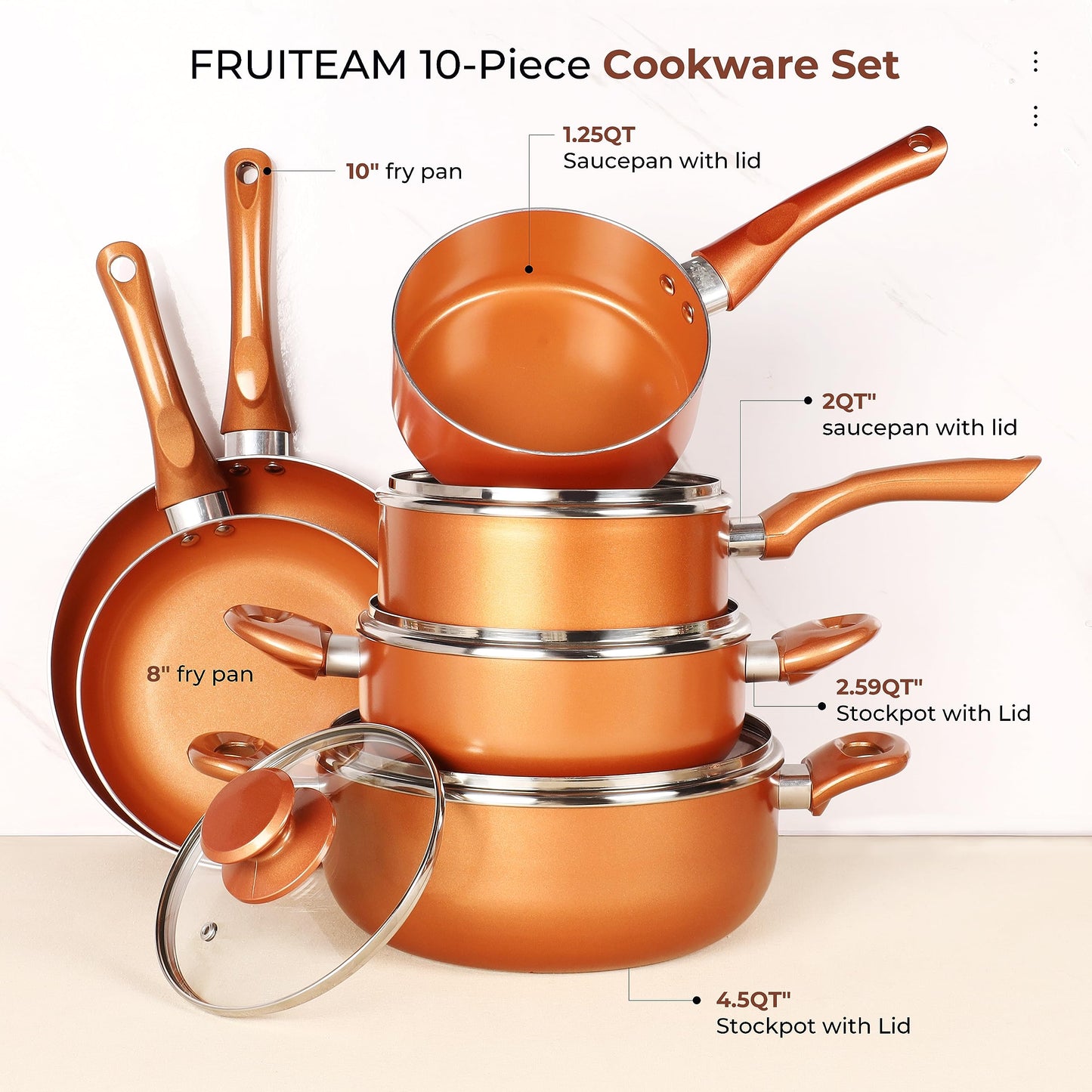 10pcs Cookware Set Ceramic Nonstick Soup Pot/Milk Pot/Frying Pans Set | Copper