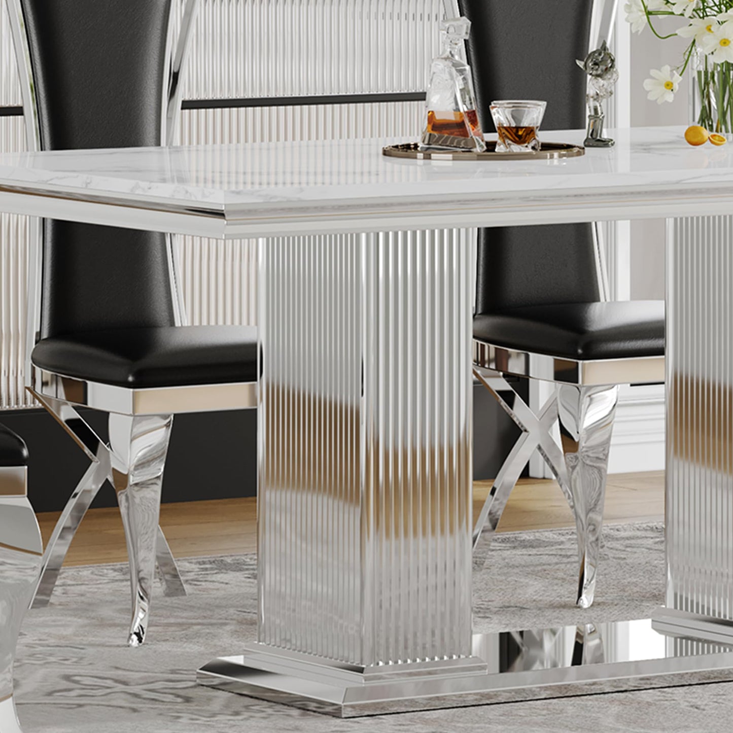 70 Inch White Marble Kitchen Table with Gold Mirrored Cabriole Legs