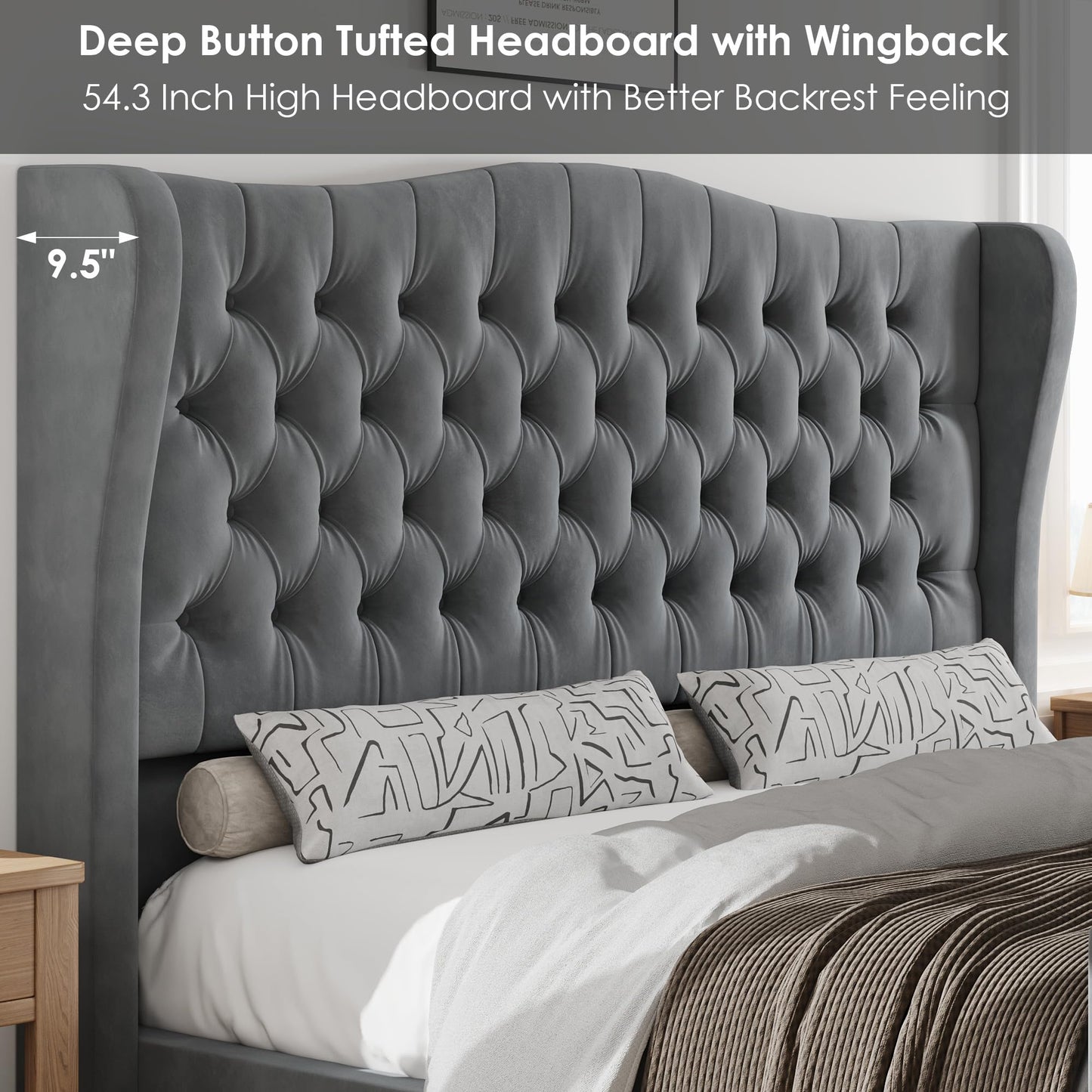 Tall Platform Bed Frame with Deep Button Tufted Wingback Headboard and Footboard