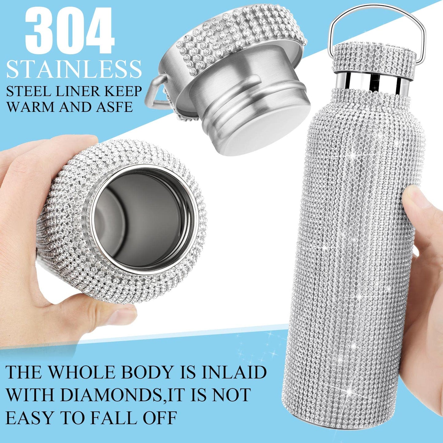 2 Pieces Bling Water Bottle Diamond - Rhinestone with Chain Stainless Steel