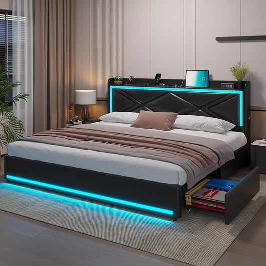 Leather Platform Bed King Size with Headboard Storage, Type-C & USB Charging Station