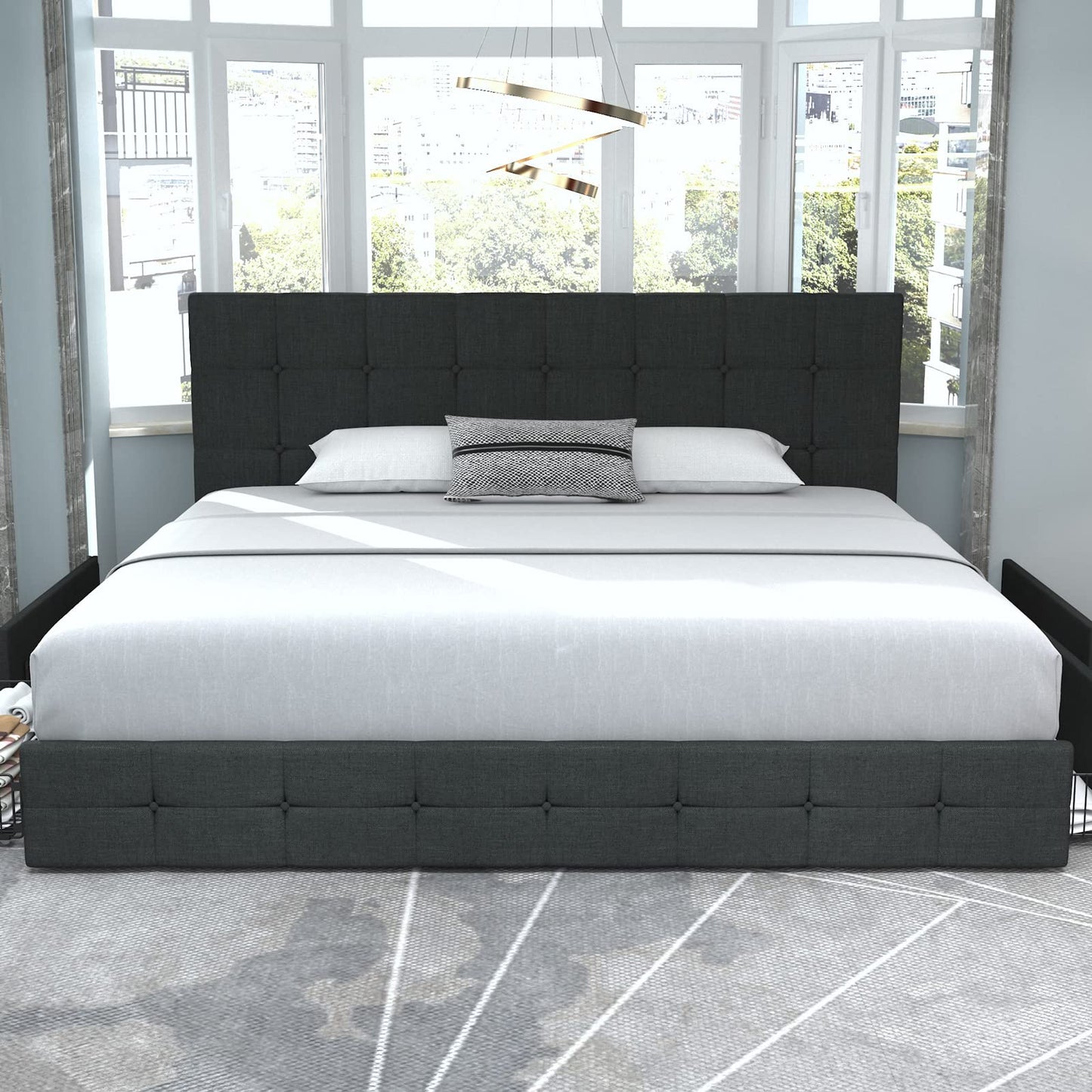 Upholstered Platform Bed Frame with 4 Storage Drawers and Headboard