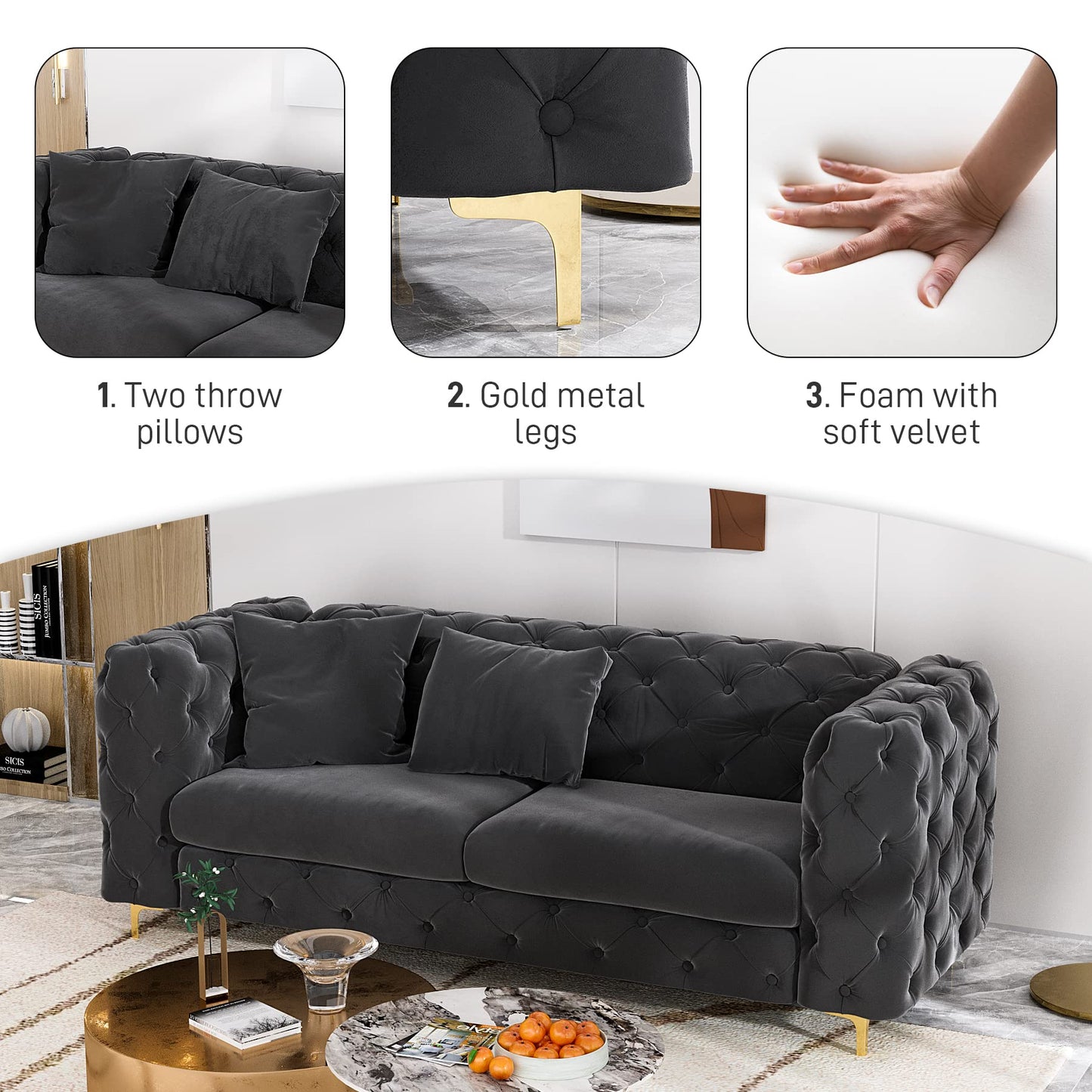 75 Inch Sofa Couch Modern Velour Upholstered Couch Tufted Casual Velvet Sofa