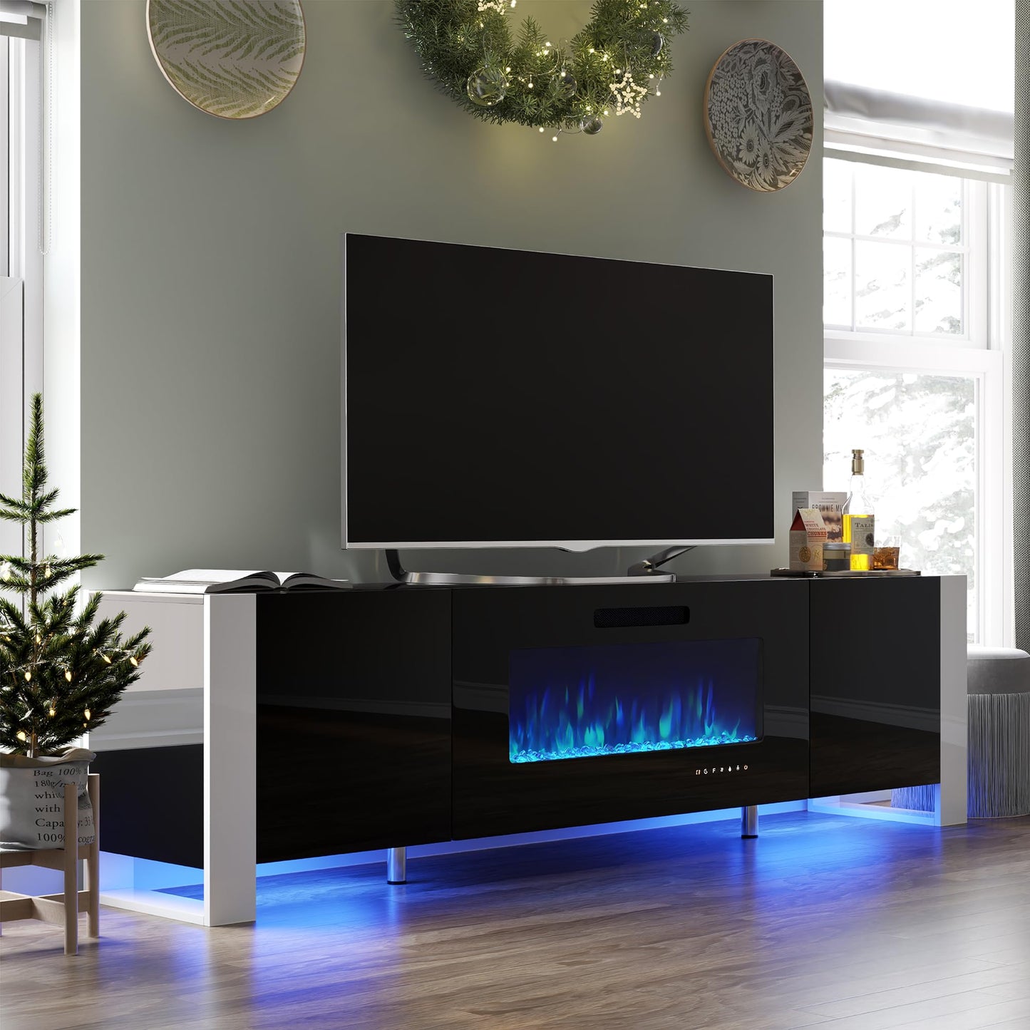 70" Fireplace TV Stand with 36" Electric Fireplace, High Gloss with LED Lights