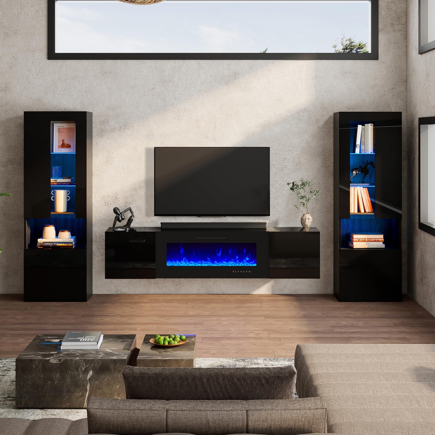 High Gloss Living Room Entertainment Center Including Floating Fireplace