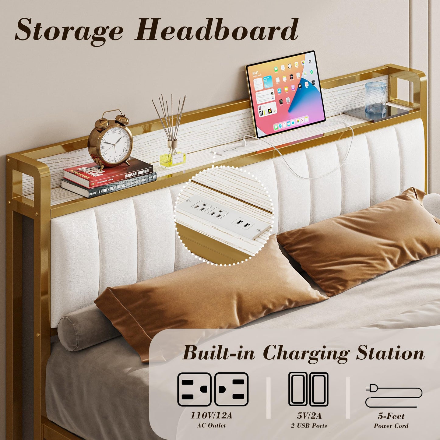 King Bed Frames, Storage Headboard with Charging Station