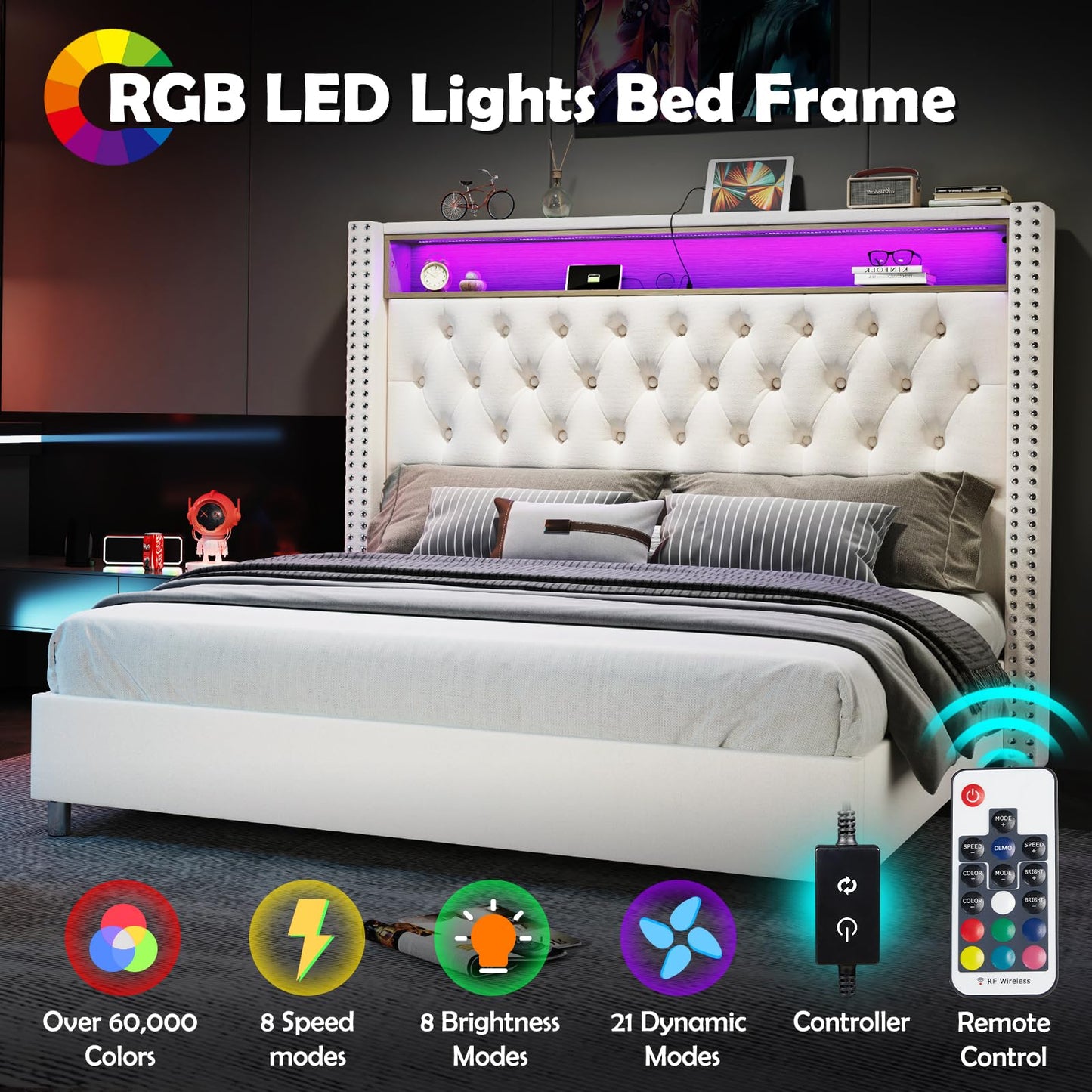 LED King Size Bed Frame and Headboard with Charging Station Velvet Upholstered