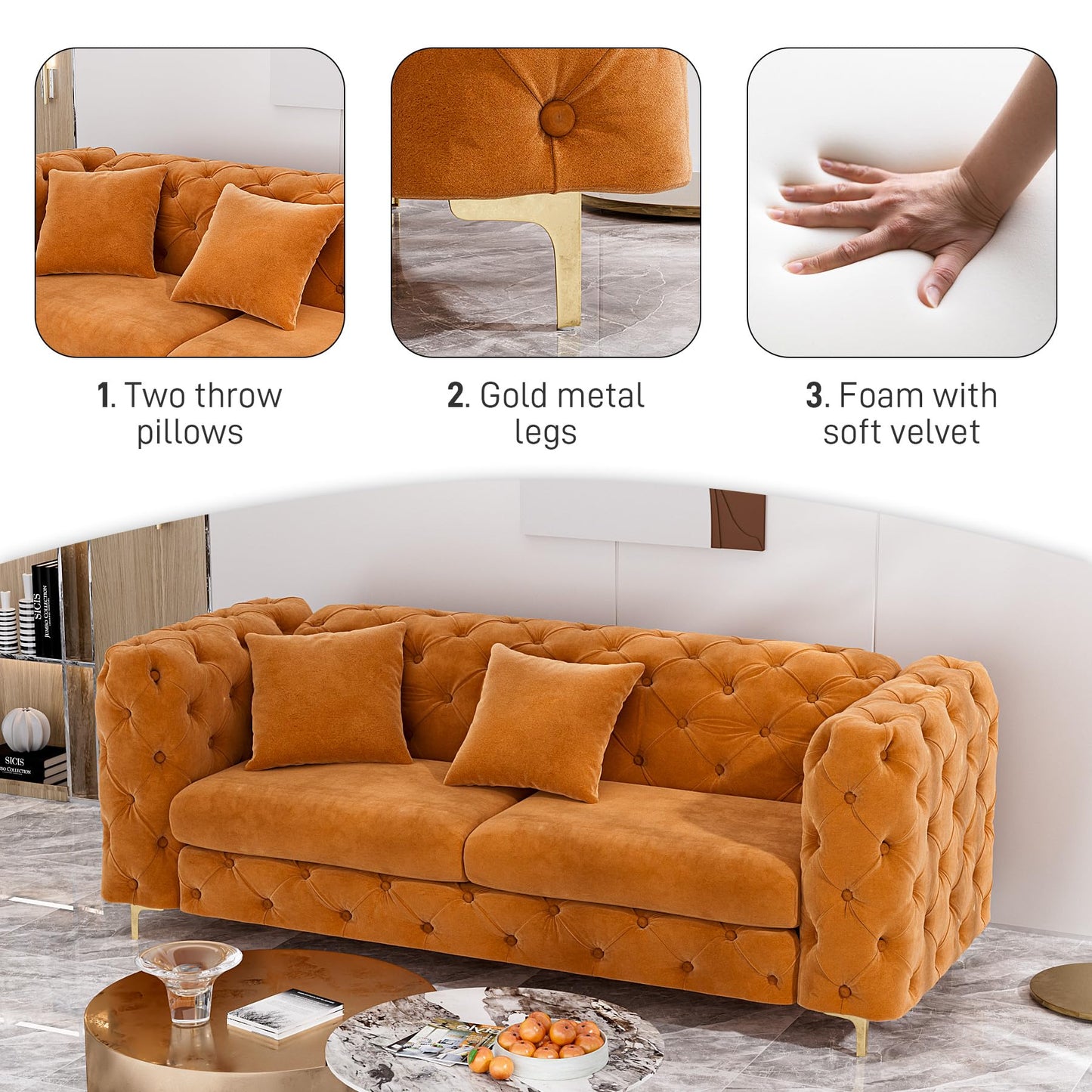 75 Inch Sofa Couch Modern Velour Upholstered Couch Tufted Casual Velvet Sofa