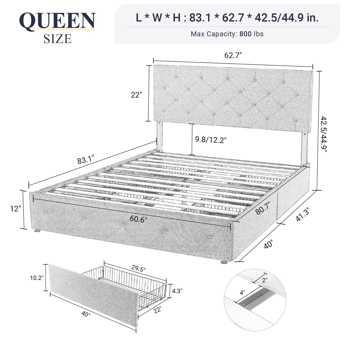 Upholstered Platform Bed Frame with 4 Storage Drawers and Headboard