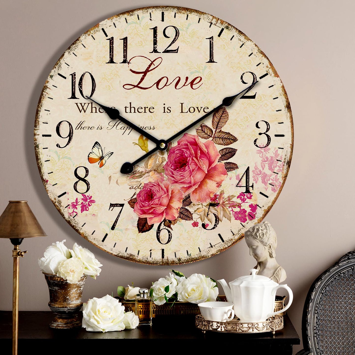 24 Inch Love Rose Vintage Wall Clock Large Farmhouse Clocks French Clocks