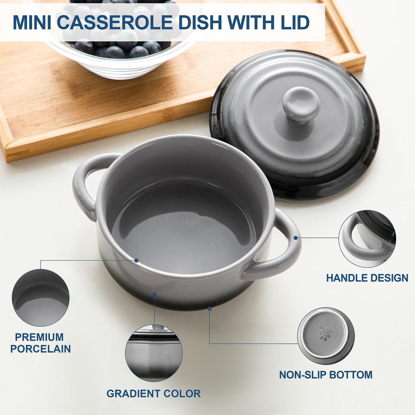 Mini Cocotte Set,14 OZ Small Casserole Dishes with Lids, Soup Bowls With Handles