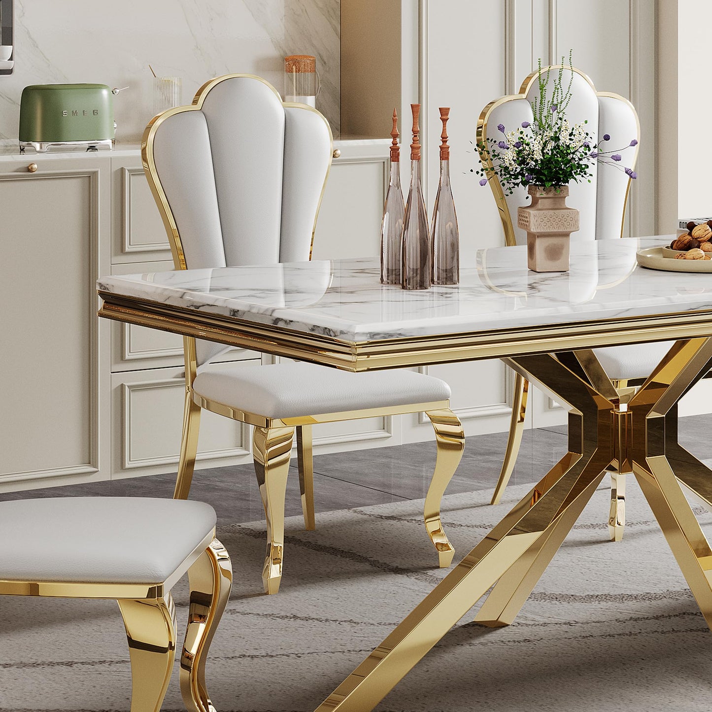 70 Inch White Marble Kitchen Table with Gold Mirrored Cabriole Legs