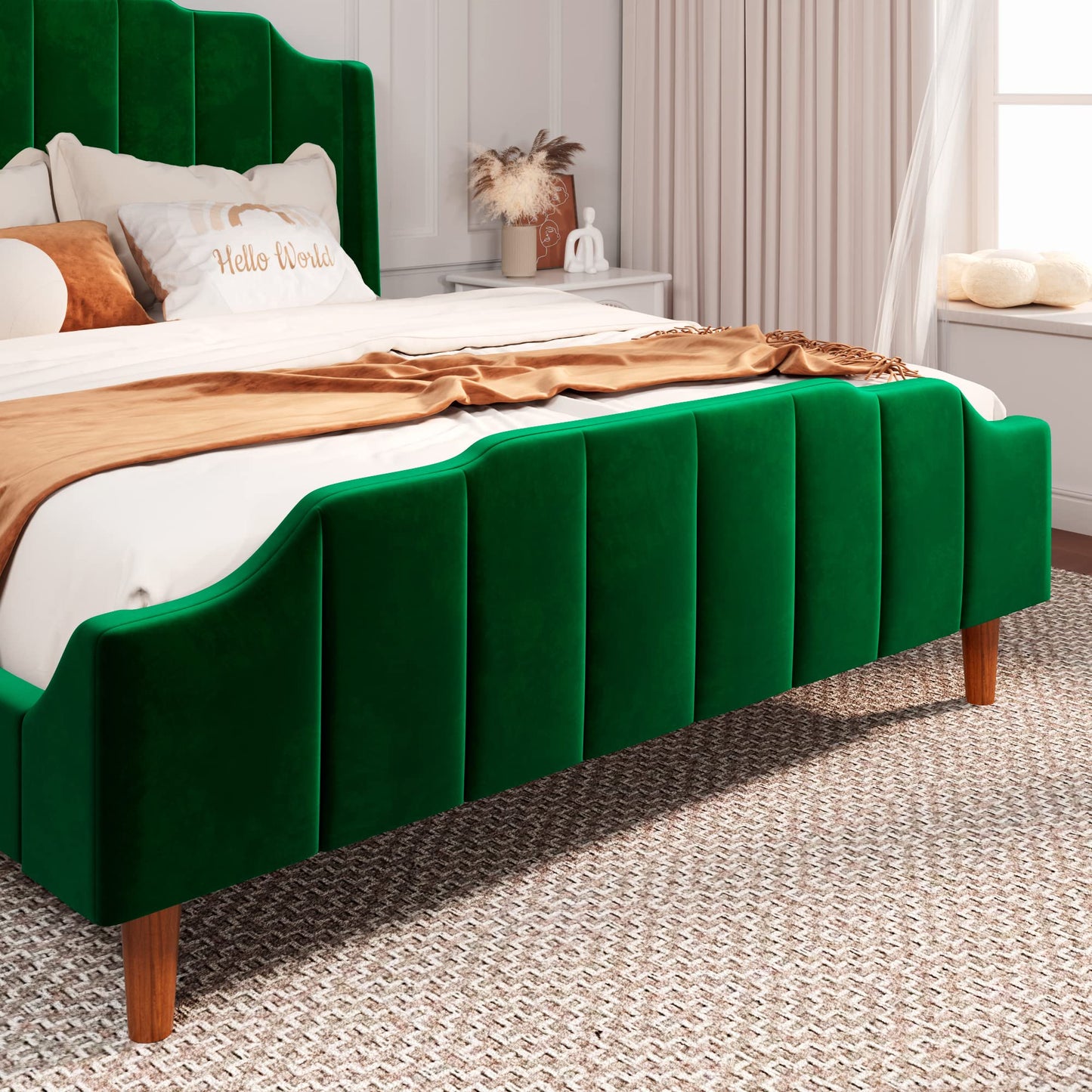 Velvet Upholstered Platform Bed with Vertical Headboard and Footboard