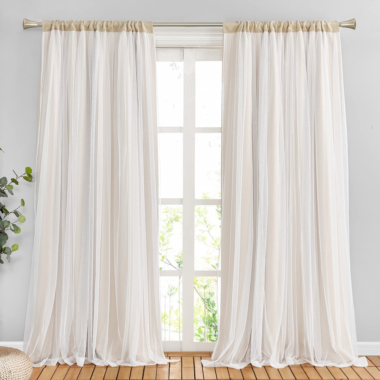 Double-Layered Curtains with Tie-Backs Sheer Drapes Light Blocking, 2 Pcs