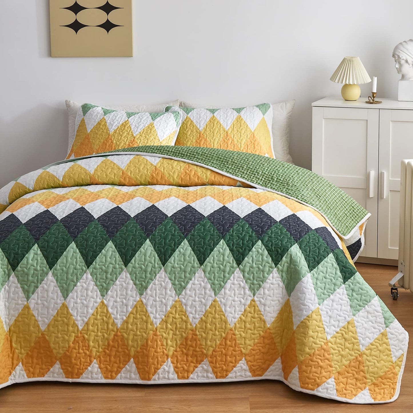 Yellow Green Rhomb Plaid Quilt Set 3pc Queen Size Reversible Coverlet