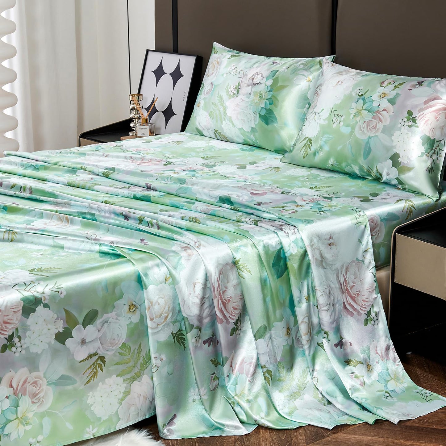 Floral Print - Luxurious Silky Feel Queen Sheet Set - Elegant Smooth Satin Bed Sheets