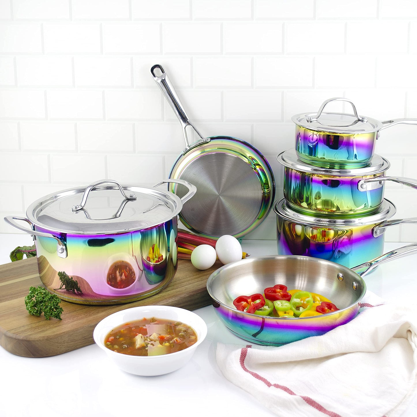 Iridescent Rainbow Cookware Set - Premium Heavy Duty Stainless Steel and Titanium Pots & Pans Set