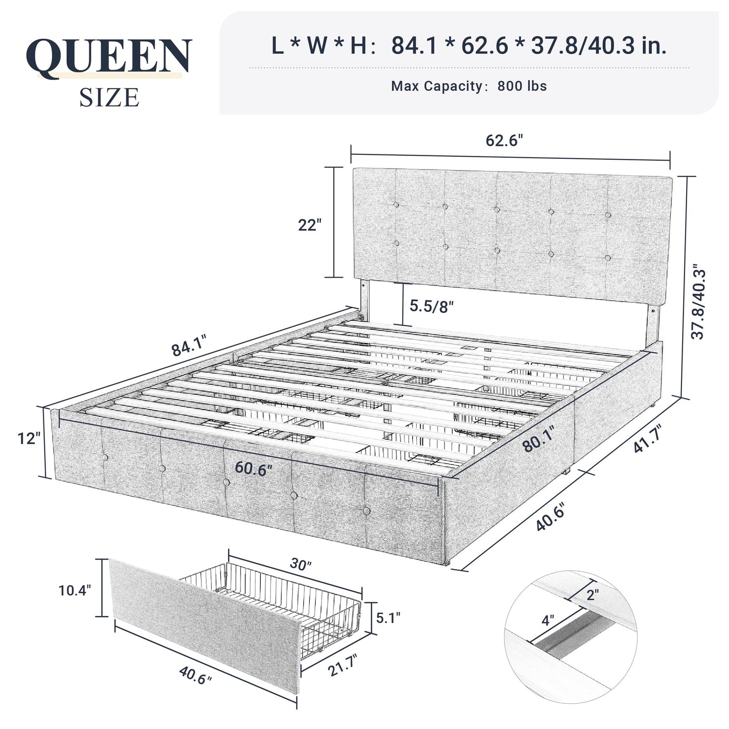 Upholstered Platform Bed Frame with 4 Storage Drawers and Headboard