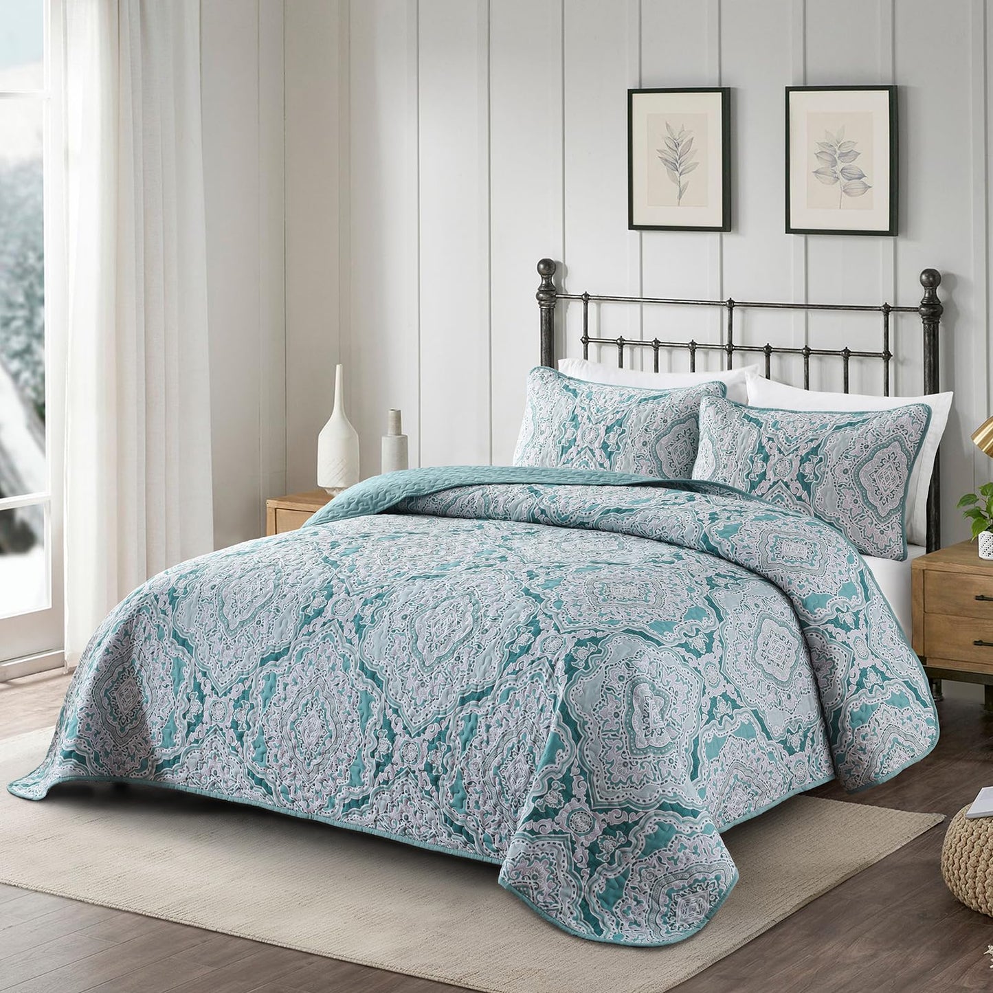 Blue Quilt Set Queen Size Boho Damask Bedspread Sets