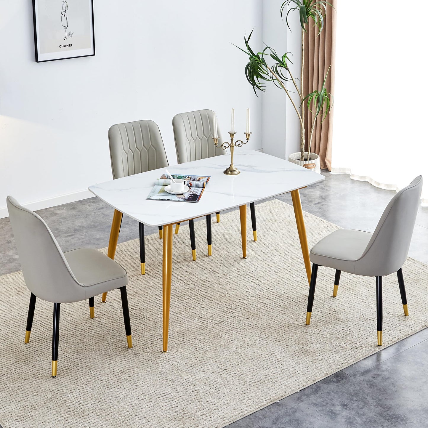 Dining Room Table Set for 4,Sintered Stone Kitchen Table Top and Modern Chairs