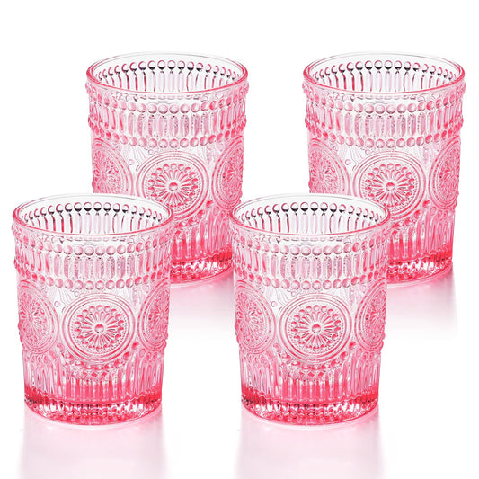 4 Pack Glasses-10.5 OZ Pink Vintage Drinking Glasses Tumblers