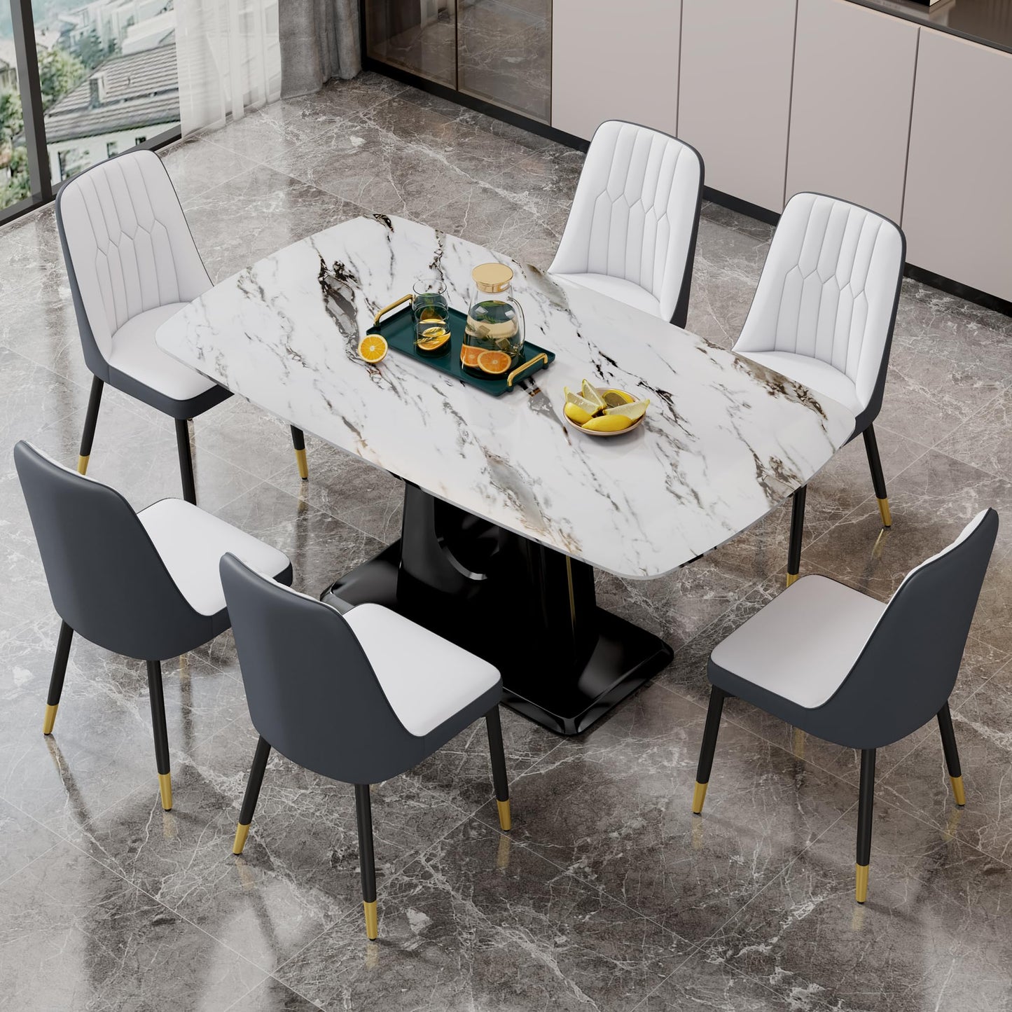 Dining Table Set for 6, White Faux Marble Pattern Table with 6 Modern Dining Chairs