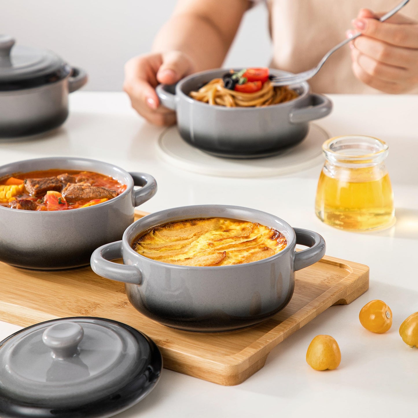 Mini Cocotte Set,14 OZ Small Casserole Dishes with Lids, Soup Bowls With Handles