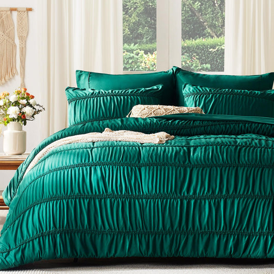 Comforter Set 7 Pieces, Boho Emerald Green Bed in a Bag Lightweight