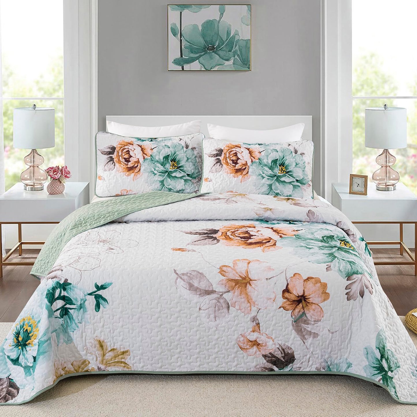 Purple Floral Quilt Set Queen Size, 3 Pieces Botanical Flower Printed