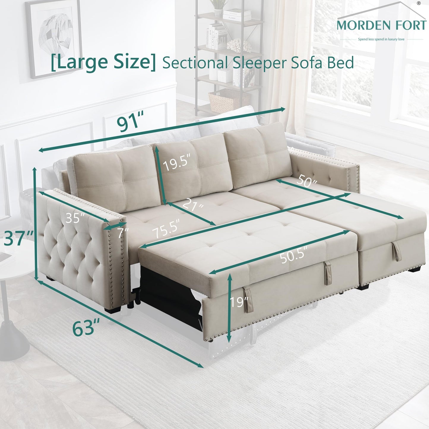 Reversible Sectional Comfy Sleeper Sofa with Pull Out Bed Storage Oversized 91 inches