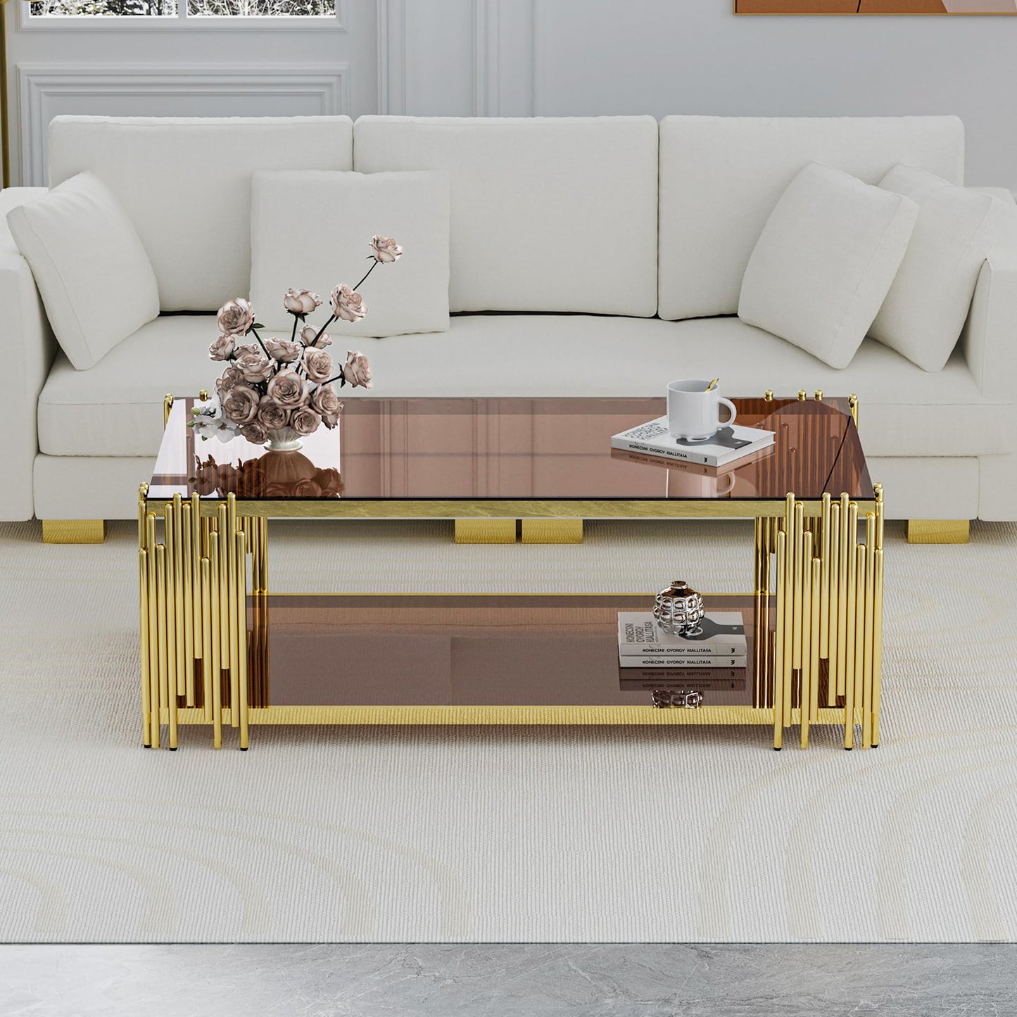 Modern Living Room Table Gold Stainless Steel Metal Leg Rectangular