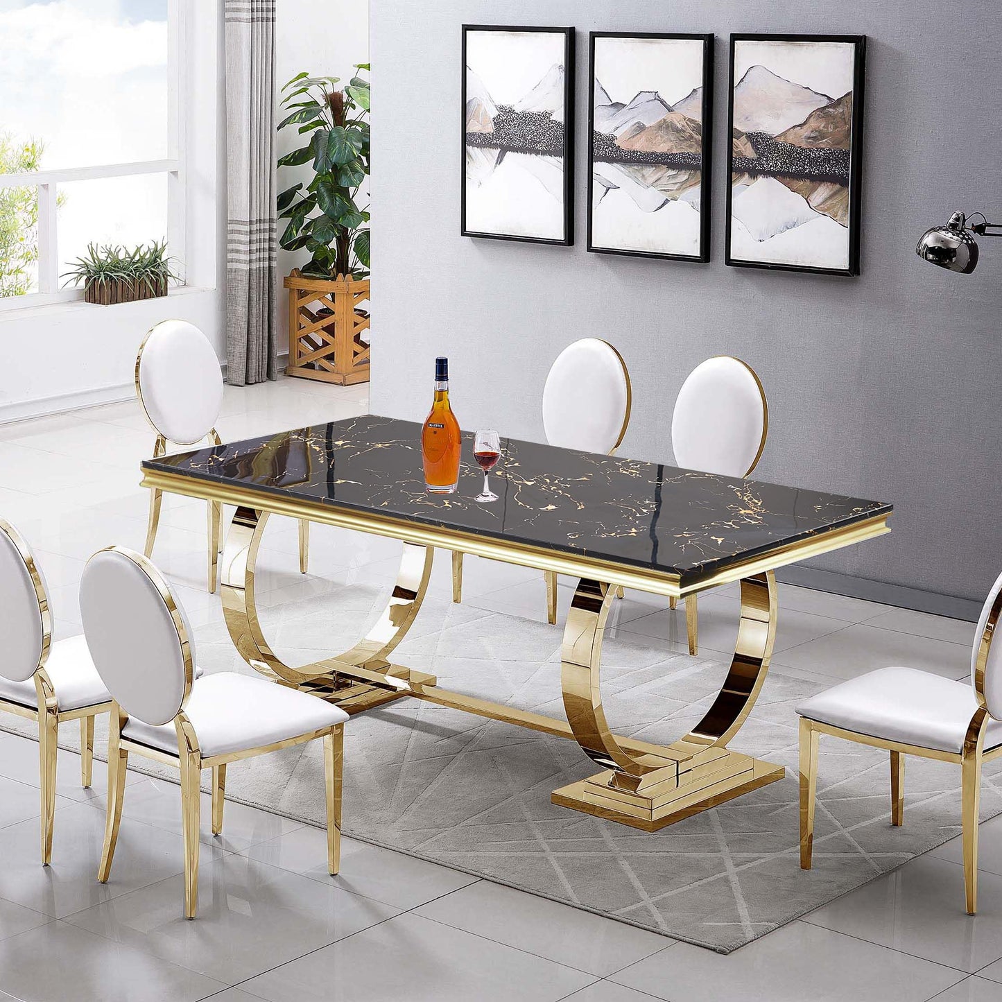 70 Inch White Marble Kitchen Table with Gold Mirrored Cabriole Legs