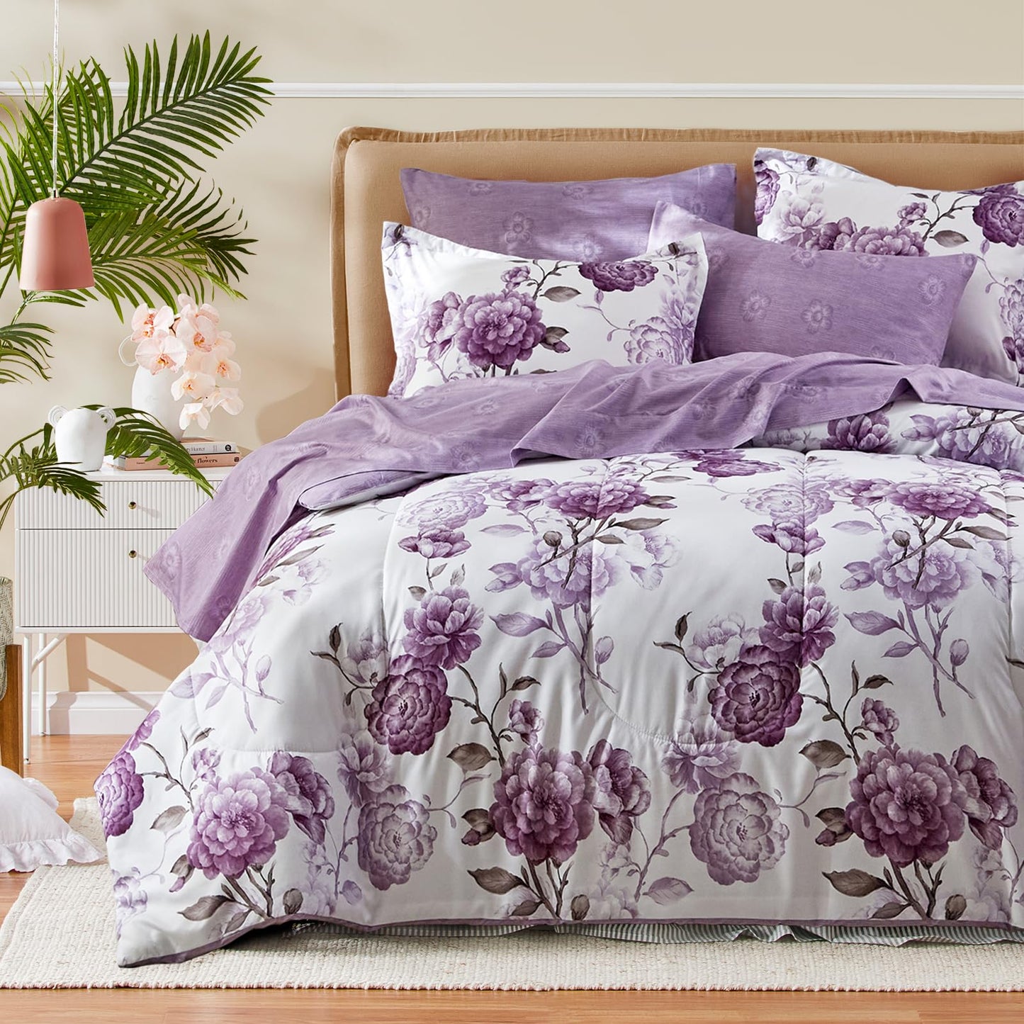 Purple Leaves Bed in a Bag 7 Pieces Floral White Comforter Sheet Set