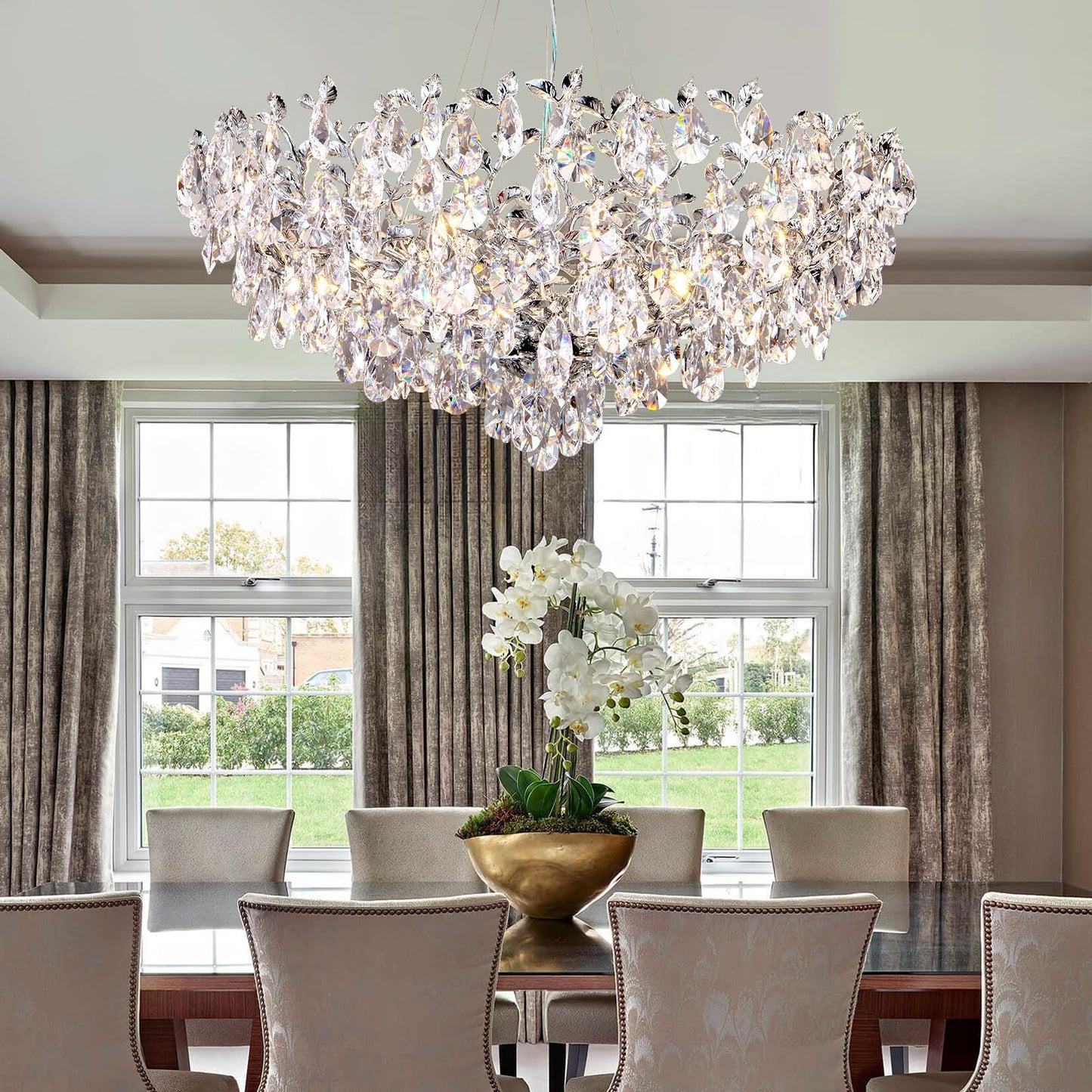 Modern Crystal Chandelier, Gold Pendant Flower Hanging Lighting