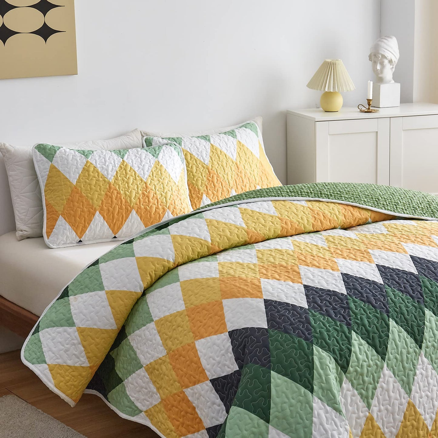 Yellow Green Rhomb Plaid Quilt Set 3pc Queen Size Reversible Coverlet