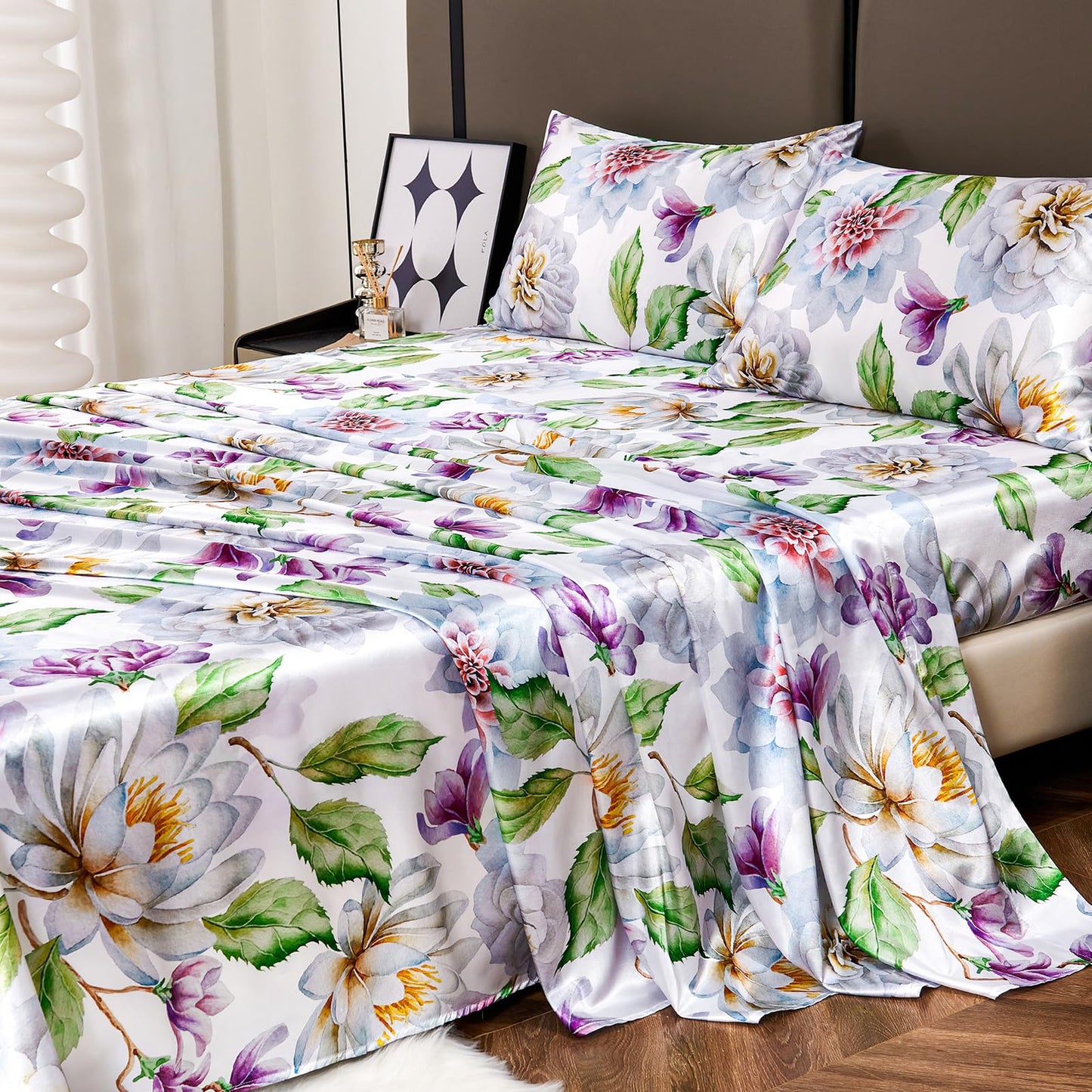 Floral Print - Luxurious Silky Feel Queen Sheet Set - Elegant Smooth Satin Bed Sheets