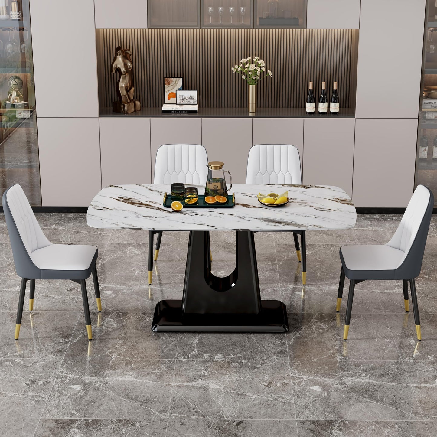 Dining Table Set for 6, White Faux Marble Pattern Table with 6 Modern Dining Chairs