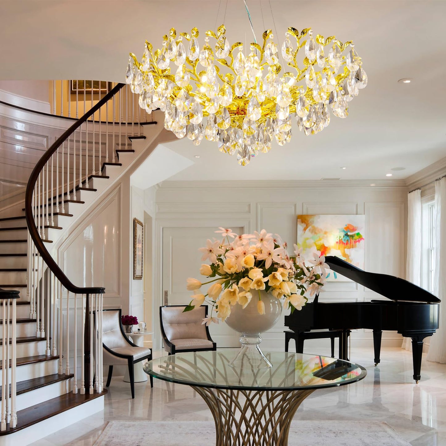 Modern Crystal Chandelier, Gold Pendant Flower Hanging Lighting