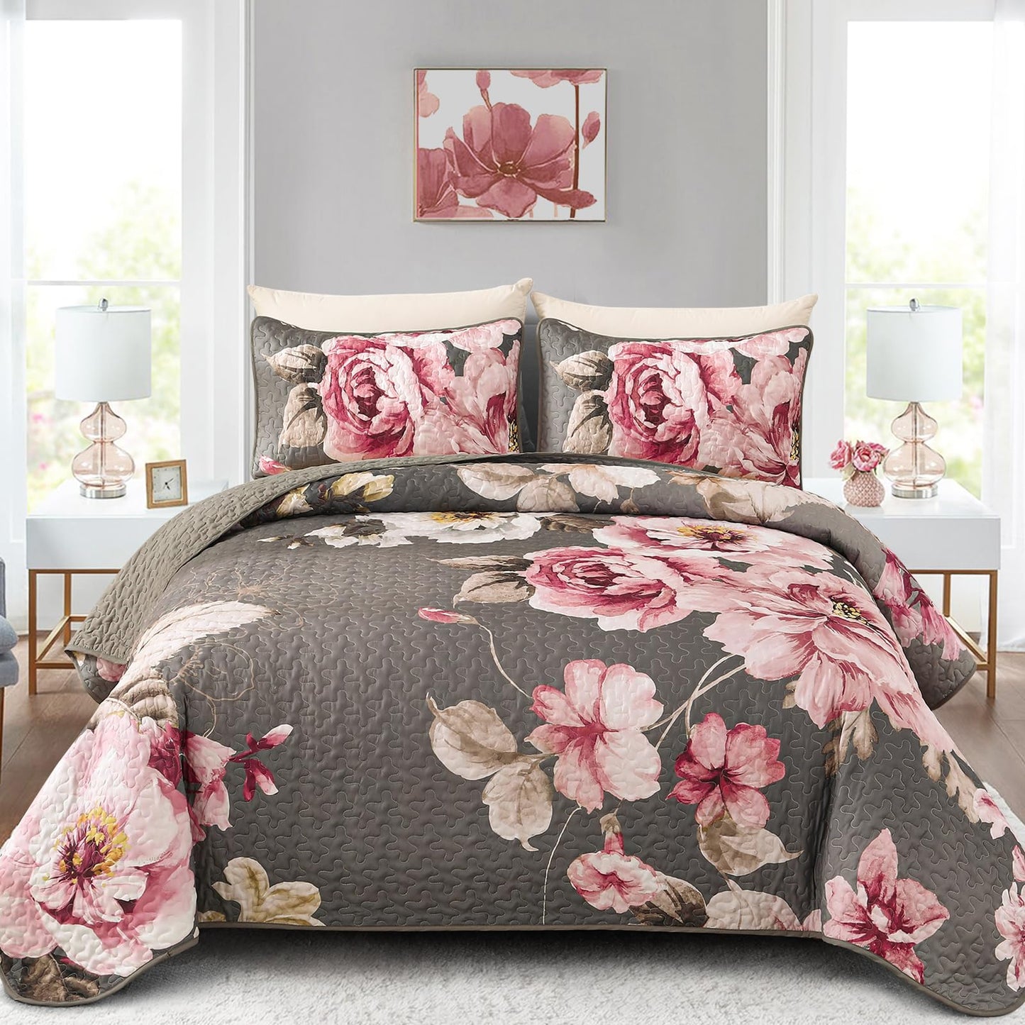 Purple Floral Quilt Set Queen Size, 3 Pieces Botanical Flower Printed