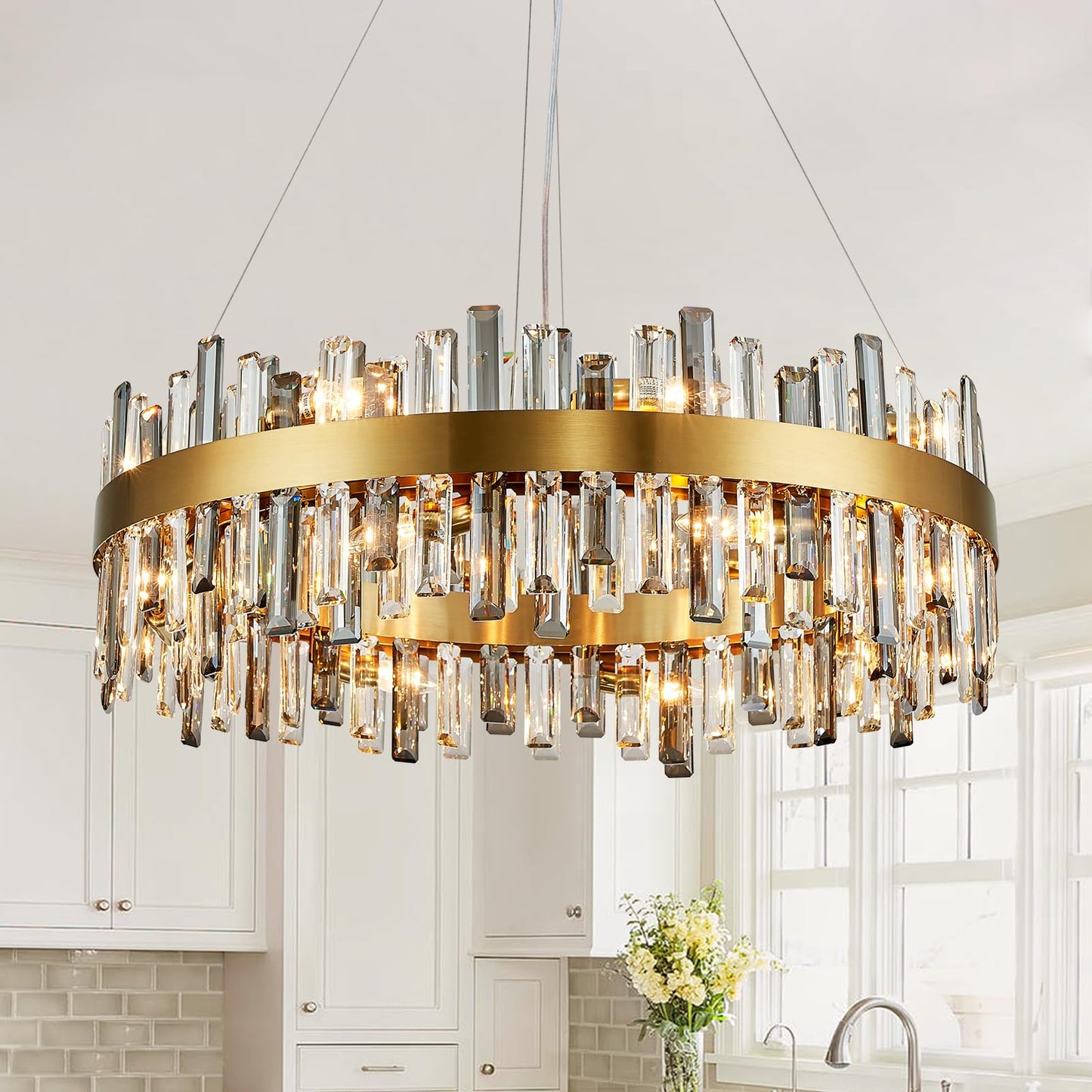 12 Lights Brass Gold Raindrop Crystal Chandelier Lighting, Adjustable Hanging Pendant