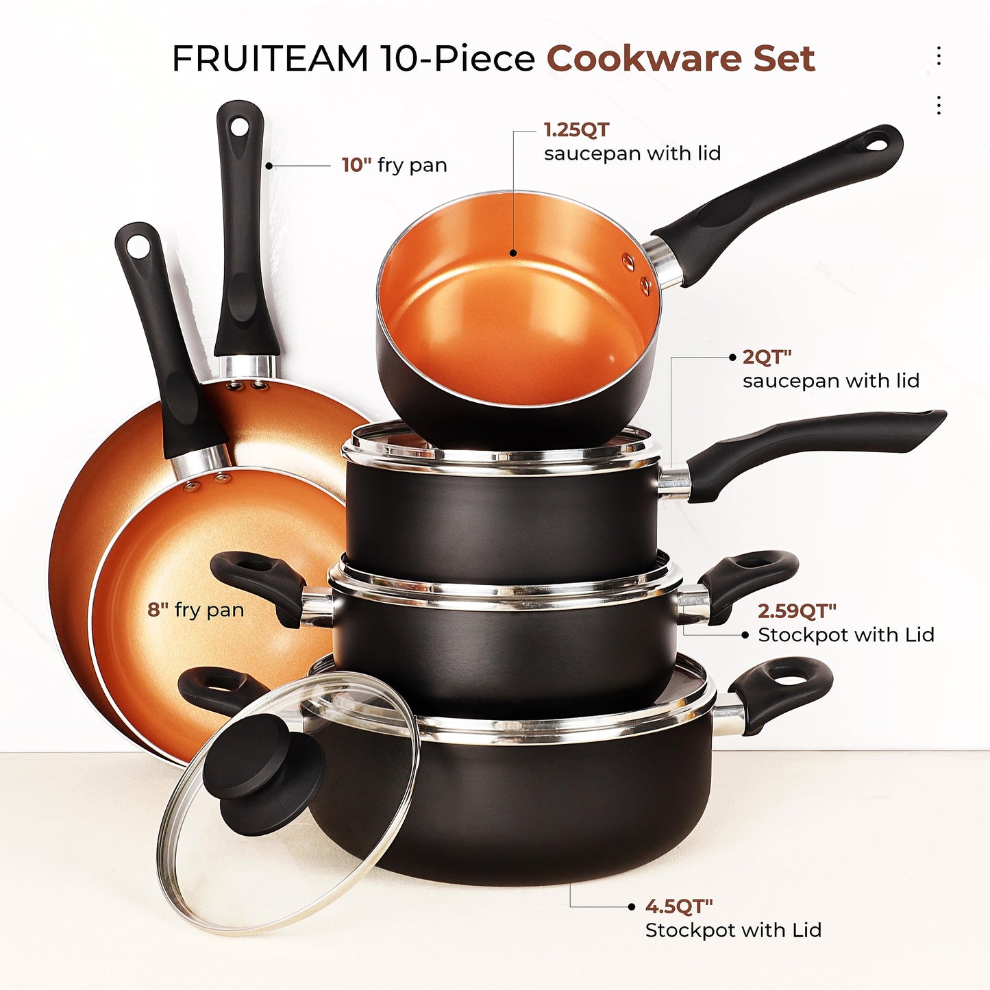 10pcs Cookware Set Ceramic Nonstick Soup Pot/Milk Pot/Frying Pans Set | Copper