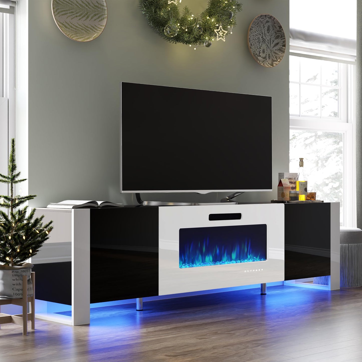 70" Fireplace TV Stand with 36" Electric Fireplace, High Gloss with LED Lights