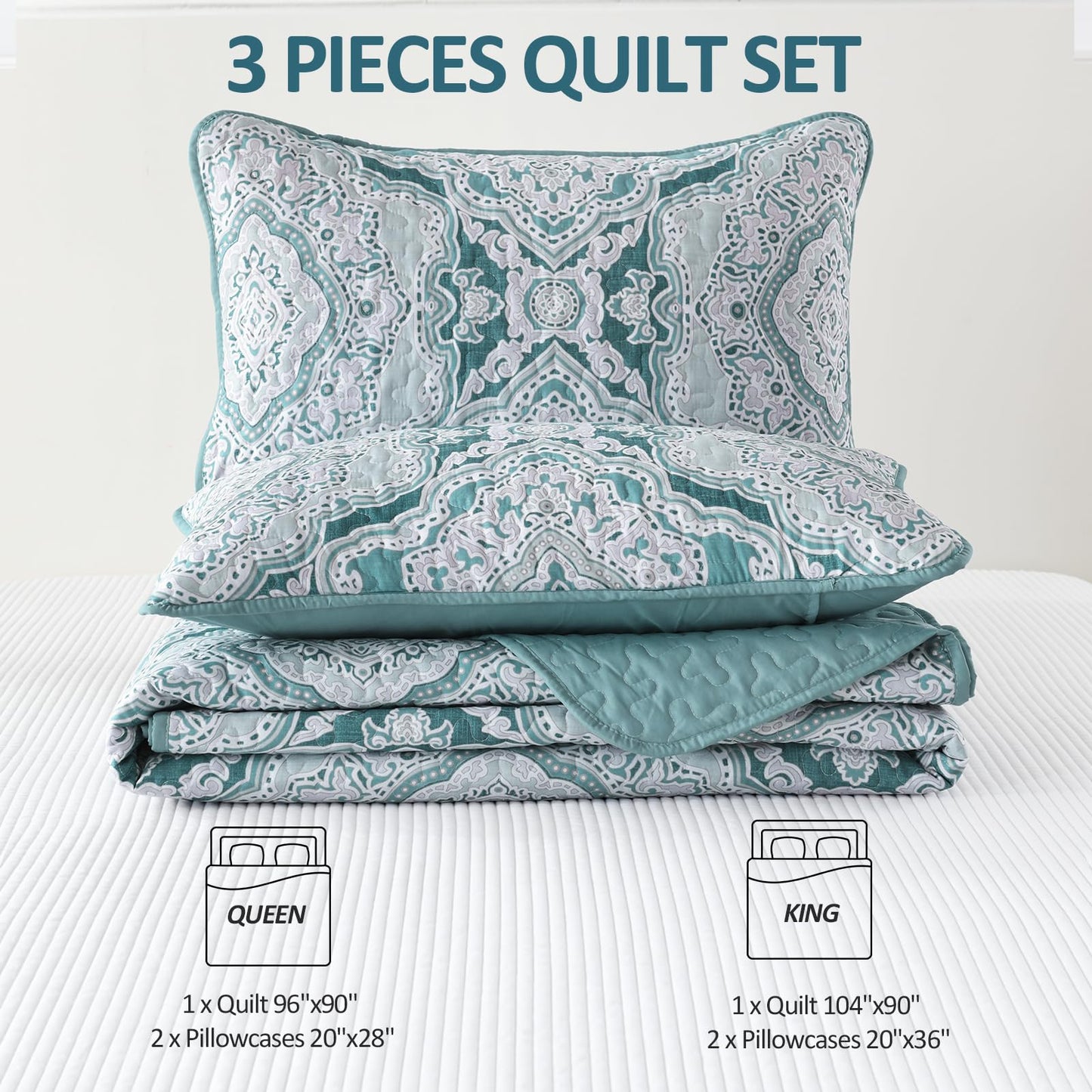 Blue Quilt Set Queen Size Boho Damask Bedspread Sets