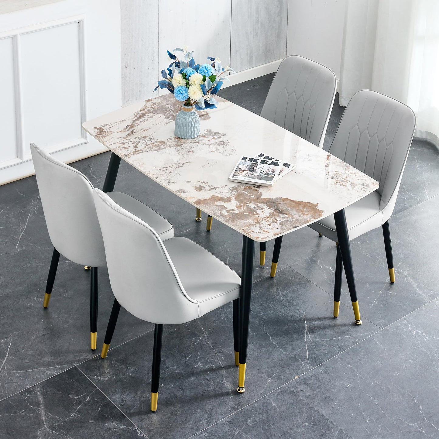 Dining Room Table Set for 4,Sintered Stone Kitchen Table Top and Modern Chairs